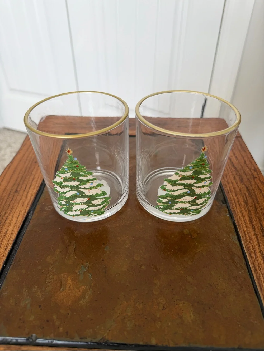 Threshold Clear Glass Tumblers with Gold Rim and Green Christmas Tree
